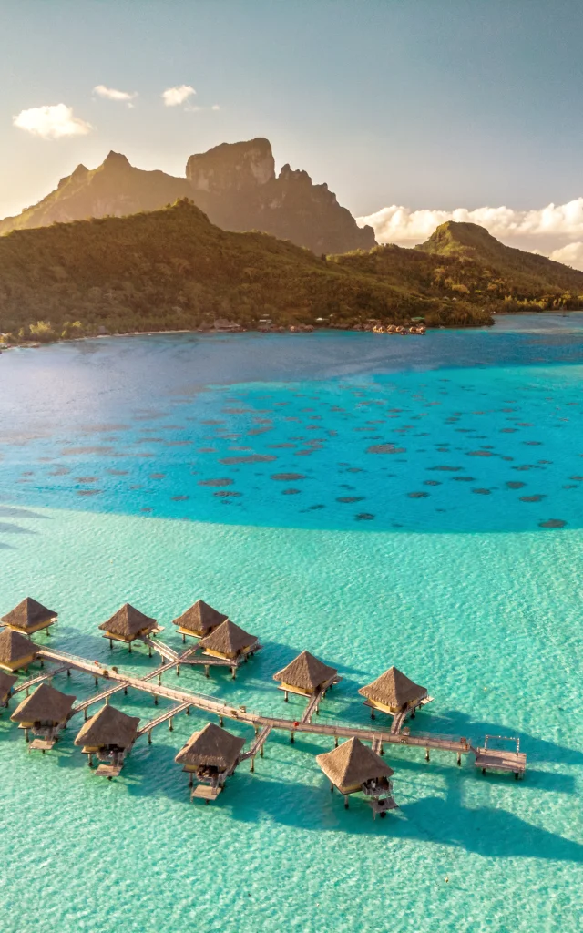 Aerial View Overwater Bungalow in Bora Bora Tahiti Tourisme © Stéphane Mailion Photography
