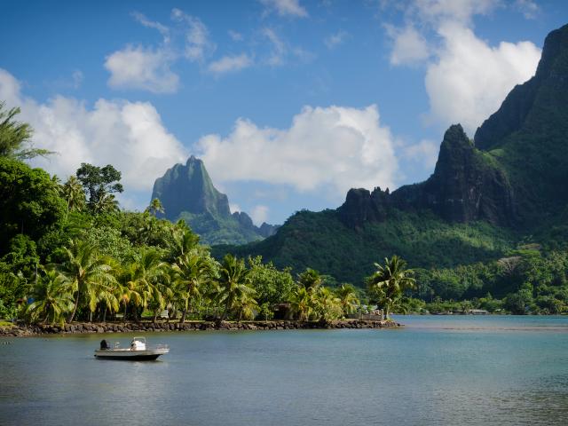 Boat in Cooks Bay with Moua Puta mountain in the background in a green jungle landscape on the tropical island of Moorea, near Tahiti in the Pacific archipelago French Polynesia.