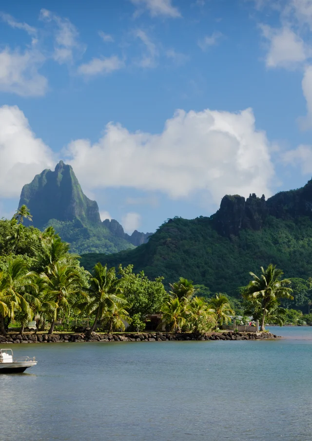 Boat in Cooks Bay with Moua Puta mountain in the background in a green jungle landscape on the tropical island of Moorea, near Tahiti in the Pacific archipelago French Polynesia.